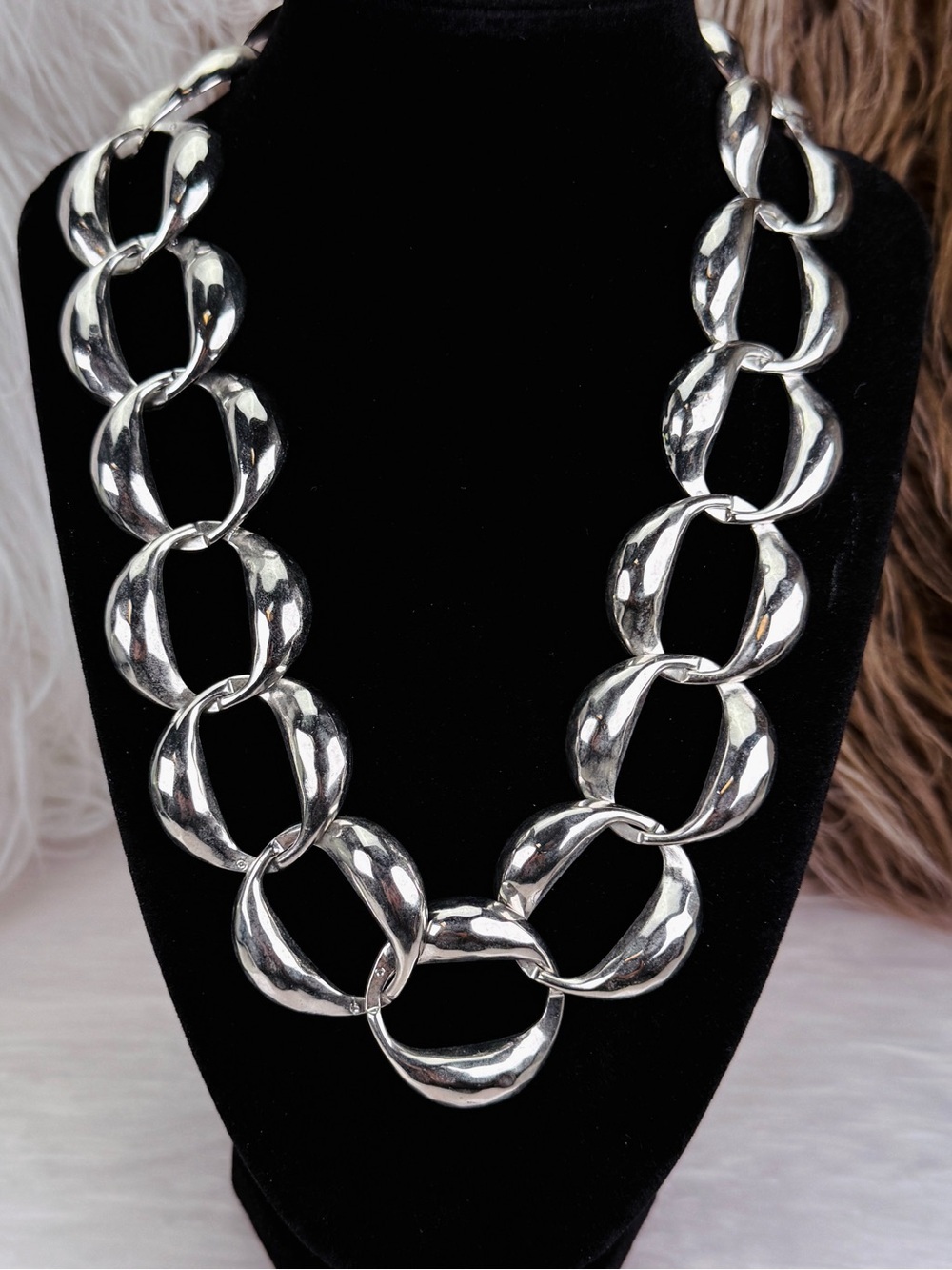 Vintage Silver Tone Oversized Oval Link Statement Necklace